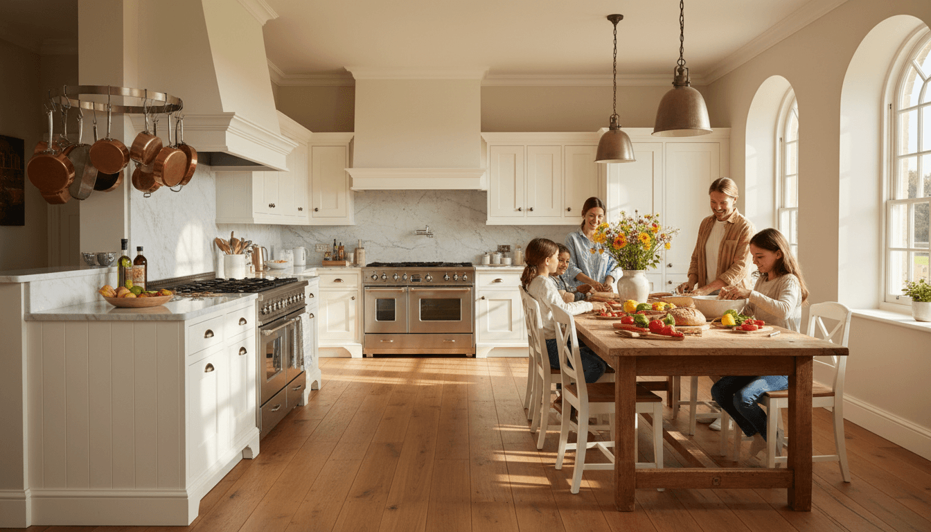 Cozy kitchen with wooden countertops and softly lit cookware