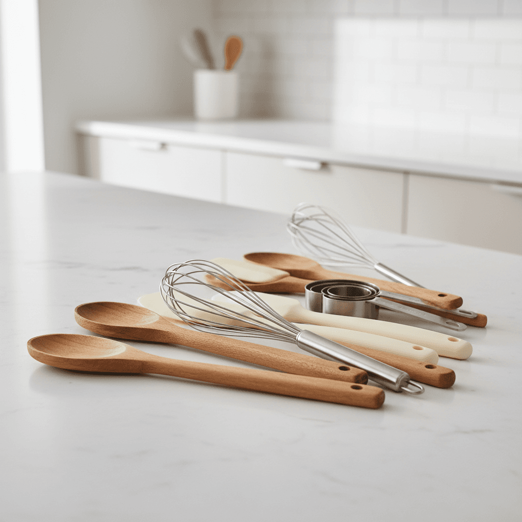Matte black kitchen utensils arranged on a marble countertop