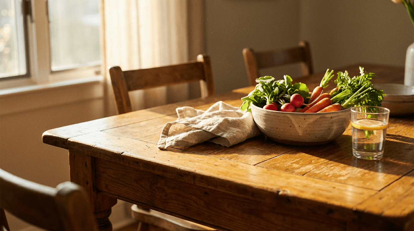 A cozy kitchen counter with ceramic dishware and wooden utensils