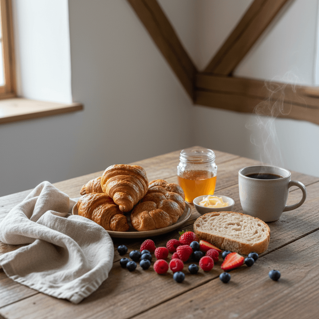 A cozy kitchen counter with wooden utensils, ceramic bowls, and woven textiles in warm morning light