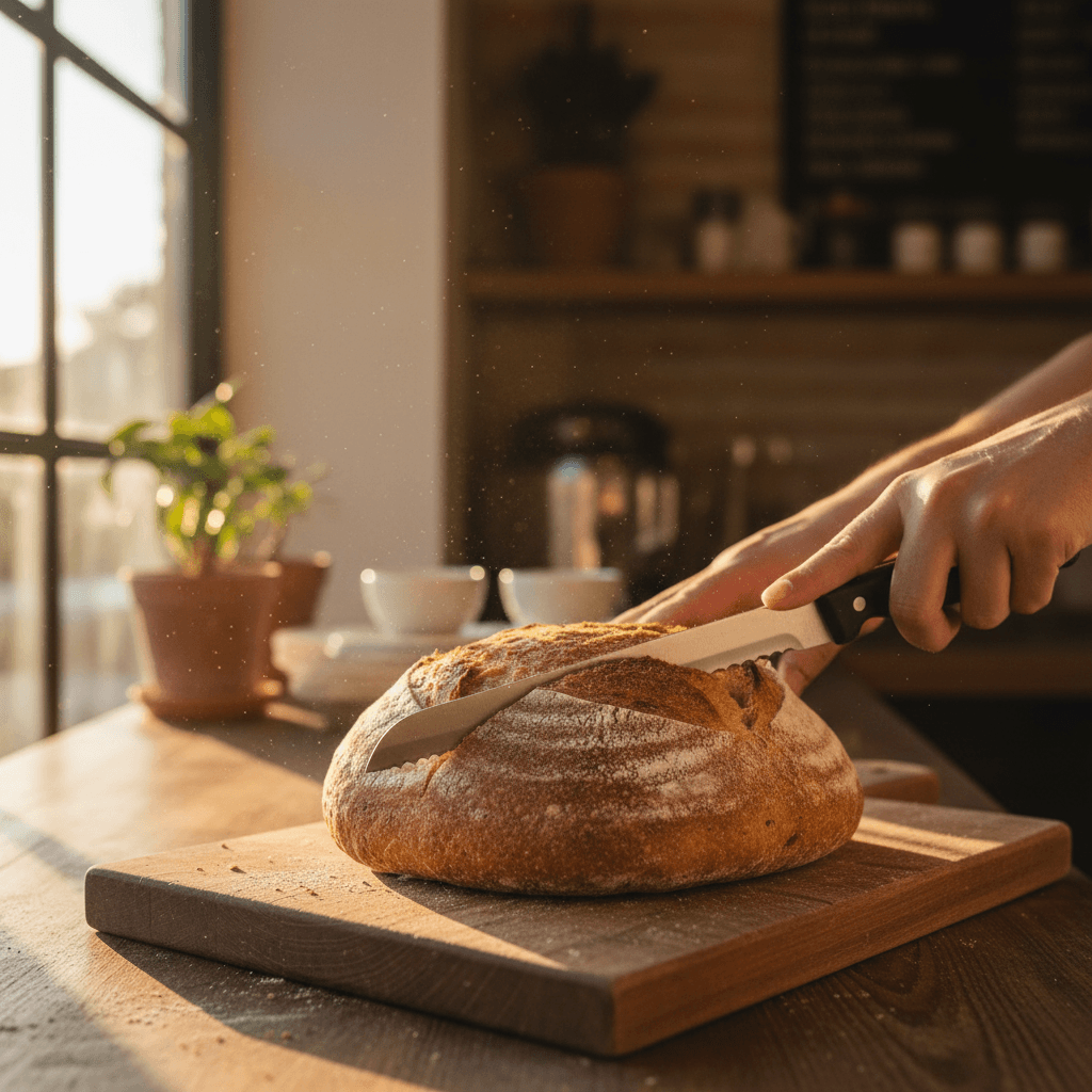 Bamboo cutting board with sourdough bread and bread knife on a counter