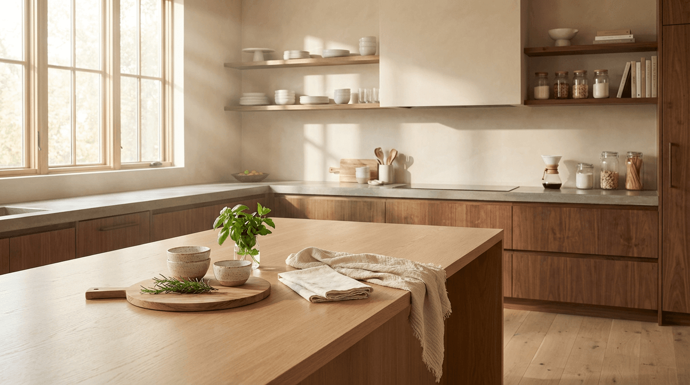Warm natural light on a neatly arranged kitchen shelf with new cookware and ceramic bowls